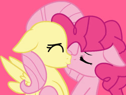 Size: 777x591 | Tagged: safe, artist:jadeharmony, imported from derpibooru, fluttershy, pinkie pie, earth pony, pegasus, pony, cute, cuteness overload, daaaaaaaaaaaw, duo, eyes closed, female, floppy ears, kissing, lesbian, pink background, ship:flutterpie, shipping, shyabetes, simple background, spread wings, wings