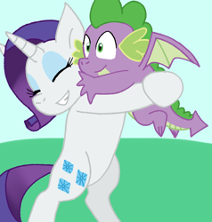 Size: 738x774 | Tagged: safe, artist:cmara, imported from derpibooru, rarity, spike, dragon, pony, unicorn, bipedal, cute, daaaaaaaaaaaw, eyes closed, eyeshadow, female, grin, hug, lifting, makeup, male, mare, raribetes, ship:sparity, shipping, smiling, spikabetes, straight, winged spike, wings