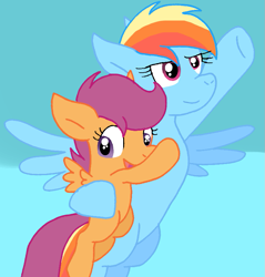 Size: 783x819 | Tagged: safe, artist:cmara, imported from derpibooru, rainbow dash, scootaloo, pegasus, pony, duo, female, filly, flying, foal, holding on, mare, open mouth, open smile, scootalove, siblings, sisters, sky, smiling, spread wings, wings