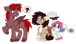 Size: 2560x1497 | Tagged: safe, artist:batavern, artist:hardrock, imported from derpibooru, oc, oc:hardy, alicorn, bat pony, pony, chest fluff, collaboration, female, looking at each other, looking at someone, male, mare, simple background, stallion, teasing, tongue out, trio, white background