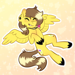 Size: 2500x2500 | Tagged: safe, artist:mitexcel, imported from derpibooru, oc, oc only, oc:color brush, pegasus, pony, artfight, brown mane, brown tail, ear piercing, happy, jewelry, necklace, piercing, tail, yellow coat