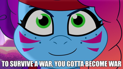 Size: 2190x1232 | Tagged: safe, edit, edited screencap, imported from derpibooru, screencap, pony, unicorn, spoiler:g5, spoiler:my little pony: tell your tale, spoiler:tyts01e66, female, friday night food fight, g5, implied war, mare, misty brightdawn, my little pony: tell your tale, rambo, rebirth misty, text edit, war, war paint