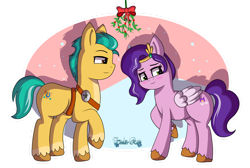Size: 1280x862 | Tagged: safe, artist:tenderrain-art, imported from derpibooru, hitch trailblazer, pipp petals, earth pony, pegasus, pony, duo, duo male and female, female, g5, hitchpipp, holly, holly mistaken for mistletoe, male, mare, shipping, stallion, straight