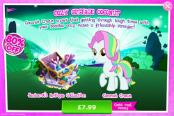 Size: 1962x1301 | Tagged: safe, imported from derpibooru, coconut cream, earth pony, pony, advertisement, bush, english, female, filly, foal, gameloft, mare, mobile game, my little pony: magic princess, numbers, official, sale, solo, solo focus, text