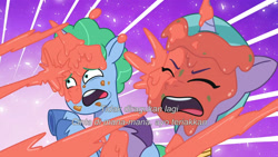 Size: 3072x1727 | Tagged: safe, imported from derpibooru, screencap, pony, unicorn, spoiler:g5, spoiler:my little pony: tell your tale, spoiler:tyts01e66, duo, duo male and female, eyes closed, female, friday night food fight, g5, male, mare, my little pony: tell your tale, open mouth, shiny sparks, stallion, unnamed character