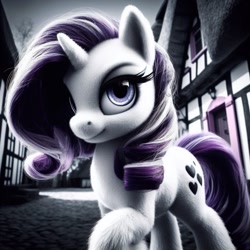 Size: 1024x1024 | Tagged: safe, imported from ponybooru, rarity, pony, unicorn, ai content, ai generated, alternate cutie mark, bing, dramatic, dramatic lighting, female, fluffy, looking at you, makeup, mare, noir, partial color, ponyville, serious, serious face, solo