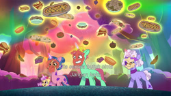 Size: 3072x1727 | Tagged: safe, imported from derpibooru, screencap, pony, unicorn, spoiler:g5, spoiler:my little pony: tell your tale, spoiler:tyts01e66, baguette, banana, bread, cake, female, filly, foal, food, friday night food fight, frown, g5, grin, magic, male, mare, molly blossom, my little pony: tell your tale, open mouth, open smile, pie, pizza, plum library, smiling, stallion, telekinesis, unnamed character