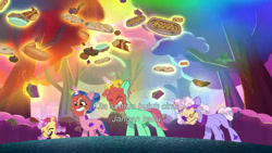 Size: 3072x1727 | Tagged: safe, imported from derpibooru, screencap, pony, unicorn, spoiler:g5, spoiler:my little pony: tell your tale, spoiler:tyts01e66, baguette, banana, bread, cake, eyes closed, female, filly, foal, food, friday night food fight, g5, grin, magic, male, mare, molly blossom, my little pony: tell your tale, open mouth, open smile, pie, pizza, plum library, smiling, stallion, telekinesis, unnamed character