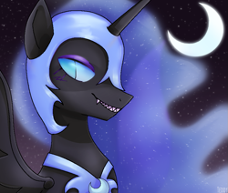 Size: 893x759 | Tagged: safe, artist:teddinz, imported from derpibooru, nightmare moon, alicorn, pony, crescent moon, female, helmet, mare, moon, night, peytral, solo, stars