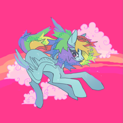 Size: 851x851 | Tagged: safe, artist:cutesykill, imported from derpibooru, rainbow dash, pegasus, pony, cloud, female, mare, pink background, simple background, solo