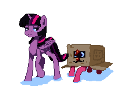 Size: 860x620 | Tagged: safe, artist:terrafomer, imported from derpibooru, pinkie pie, twilight sparkle, alicorn, earth pony, pony, box, cardboard box, clown, clown nose, facial hair, fake moustache, female, hiding, mare, moustache, pixel art, red nose, simple background, twilight sparkle (alicorn), white background