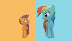 Size: 1024x576 | Tagged: safe, artist:nein-skill, imported from derpibooru, rainbow dash, scootaloo, pegasus, pony, 3d, blue background, duo, female, filly, foal, looking at each other, looking at someone, mare, orange background, scootalove, siblings, simple background, sisters, smiling, source filmmaker