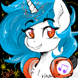 Size: 512x512 | Tagged: safe, artist:thelunarmoon, imported from derpibooru, dj pon-3, vinyl scratch, pony, unicorn, black background, bust, chest fluff, eyebrows, eyebrows visible through hair, female, glowing, glowing horn, grin, headphones, headphones around neck, horn, looking at you, mare, missing accessory, no glasses, simple background, smiling, smiling at you, solo