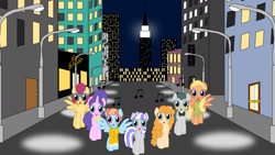 Size: 1600x900 | Tagged: safe, artist:amazingangus76, imported from derpibooru, cloudy quartz, cookie crumbles, mane allgood, pear butter, posey shy, twilight velvet, windy whistles, earth pony, pegasus, pony, unicorn, break my stride, city, female, mare, mom six, music notes, open mouth, open smile, singing, smiling, street, stroll