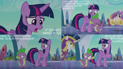 Size: 2000x1125 | Tagged: safe, edit, edited screencap, editor:quoterific, imported from derpibooru, screencap, princess flurry heart, shining armor, spike, twilight sparkle, the times they are a changeling