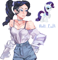 Size: 3200x3300 | Tagged: safe, artist:sunmur, imported from derpibooru, rarity, human, pony, unicorn, alternate hairstyle, bra, bra strap, choker, clothes, cute, ear piercing, earring, eyeshadow, female, humanized, jewelry, lipstick, makeup, mare, pants, piercing, ponytail, raribetes, shirt, simple background, solo, underwear, white background