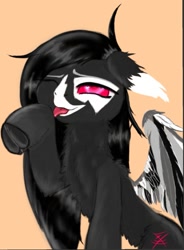 Size: 1080x1466 | Tagged: safe, artist:btg, imported from derpibooru, oc, oc only, oc:lily btg, demon, demon pony, human, original species, pony, chest fluff, ear fluff, female, hoof licking, hybrid oc, licking, looking at you, mare, one eye closed, simple background, smiling, smiling at you, tongue out, wings