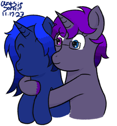 Size: 600x650 | Tagged: safe, artist:ideletedsystem64, imported from derpibooru, oc, oc only, oc:technomancer, oc:xeno (iraven), unicorn, blue coat, blue mane, duo, eyes closed, female, glasses, gradient mane, gray coat, happy, heterochromia, horn, hug, hug from behind, mare, purple mane, signature, simple background, unicorn oc, unshorn fetlocks, white background