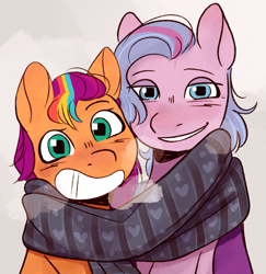 Size: 2919x3003 | Tagged: safe, artist:daisy_marshmallow, imported from derpibooru, queen haven, sunny starscout, pegasus, pony, clothes, cold, female, g5, lesbian, looking at you, messy mane, scarf, shared clothing, shared scarf, shipping, smiling, smiling at you, sunnyhaven