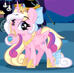 Size: 915x899 | Tagged: safe, artist:emberslament, imported from derpibooru, princess cadance, oc, oc only, oc:bay breeze, alternate hairstyle, baydence, bow, clothes, costume, cute, hair bow, heart, heart eyes, jewelry, mouth hold, nightmare night, regalia, tail, tail bow, wingding eyes