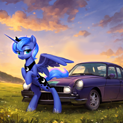 Size: 1024x1024 | Tagged: safe, imported from derpibooru, princess luna, alicorn, pony, ai content, ai generated, bipedal, car, meadow, partially open wings, prompter:fiery lightning, sunset, wings