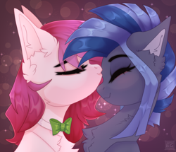 Size: 2506x2160 | Tagged: safe, artist:elektra-gertly, imported from derpibooru, oc, oc only, oc:ellie berryheart, oc:pixi feather, pegasus, pony, abstract background, blushing, bowtie, bust, duo, duo female, ear fluff, eyes closed, eyeshadow, female, kissing, makeup, portrait, simple background, smiling