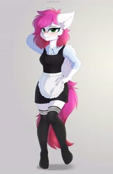 Size: 3726x5760 | Tagged: safe, artist:lunylin, imported from derpibooru, oc, oc only, oc:ellie berryheart, anthro, pegasus, apron, black eyeshadow, blue shirt, breasts, clothes, dress, ear fluff, eyeshadow, green eyes, knee high socks, long eyelashes, makeup, smiling, socks, solo, sundress, tail, wings