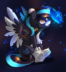 Size: 1852x2017 | Tagged: safe, artist:yuris, imported from derpibooru, oc, butterfly, pegasus, pony, black background, ears up, female, frog (hoof), simple background, sitting, smiling, solo, spread wings, trade, underhoof, wings