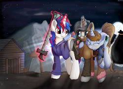 Size: 5500x4000 | Tagged: safe, artist:appleneedle, imported from derpibooru, oc, oc:littlepip, oc:snowi, oc:strawberry cocoa, pony, unicorn, fallout equestria, bag, commission, cute, friends, hut, magic, moon, night, sleeping, sword, tired, walk, weapon