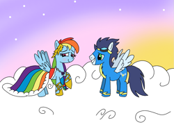 Size: 983x720 | Tagged: safe, artist:dasher666, artist:peperoger, edit, imported from derpibooru, rainbow dash, soarin', pegasus, pony, clothes, dress, female, gala dress, male, mare, ship:soarindash, shipping, stallion, straight, uniform, wonderbolts uniform