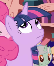 Size: 519x627 | Tagged: safe, imported from derpibooru, screencap, lyra heartstrings, pinkie pie, twilight sparkle, earth pony, unicorn, season 1, annoyed, cropped, female, golden oaks library, looking up, mare, smiling, unicorn twilight