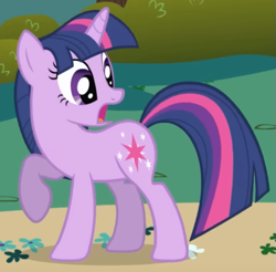 Size: 539x531 | Tagged: safe, imported from derpibooru, screencap, twilight sparkle, unicorn, friendship is magic, season 1, cropped, flower, g4, looking back, open mouth, path, raised hoof, shocked, standing, turned head, unicorn twilight