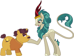 Size: 7970x6078 | Tagged: safe, artist:cloudy glow, artist:hendro107, edit, imported from derpibooru, vector edit, coriander cumin, rain shine, kirin, pony, unicorn, sounds of silence, spice up your life, .ai available, .svg available, absurd resolution, cloven hooves, female, g4, hoof on face, looking down, male, open mouth, queen, raised hoof, ship:corain, shipping, simple background, stallion, straight, transparent background, vector