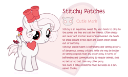 Size: 1414x856 | Tagged: safe, artist:m4quille, imported from derpibooru, oc, oc only, oc:stitchy patches, cockatrice, pegasus, pony, cutie mark, female, filly, foal, g4, mare, pegasus oc, red eyes, reference sheet, show accurate, simple background, solo, wings