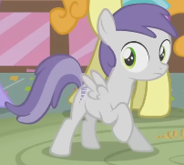 Size: 202x181 | Tagged: safe, imported from derpibooru, screencap, tornado bolt, pegasus, pony, call of the cutie, season 1, animation error, closed mouth, female, filly, foal, g4, raised hoof, shocked, shrunken pupils, spread wings, standing, sugarcube corner, wings