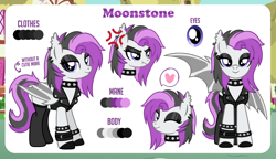 Size: 1200x689 | Tagged: safe, artist:jennieoo, imported from derpibooru, oc, oc:moonstone, bat pony, pony, angry, clothes, commission, eyeshadow, front view, looking at you, makeup, one eye closed, piercing, reference, reference sheet, side view, smiling, smiling at you, socks, solo, stockings, thigh highs, vector, wink