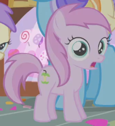 Size: 235x259 | Tagged: safe, imported from derpibooru, screencap, applecore, piña colada, earth pony, pony, call of the cutie, season 1, cropped, female, filly, foal, g4, open mouth, shocked, solo focus, standing