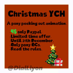 Size: 800x800 | Tagged: safe, artist:dialliyon, imported from derpibooru, oc, oc:dial liyon, unicorn, animated, christmas, christmas lights, christmas tree, commission, gif, holiday, horn, loop, passepartout, perfect loop, pixel art, present, simple background, text, tree, unicorn oc, watermark, ych animation, your character here