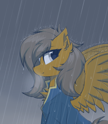 Size: 1135x1300 | Tagged: safe, artist:coarfdraw, imported from derpibooru, oc, oc only, oc:clank, pegasus, pony, bandage, chest fluff, ear fluff, fallout, looking at you, rain, solo