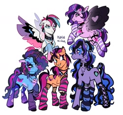 Size: 1678x1561 | Tagged: safe, artist:peachmichea, imported from derpibooru, izzy moonbow, pipp petals, sunny starscout, zipp storm, pony, bracelet, clothes, colored wings, dyed hair, dyed mane, female, fishnet clothing, g5, goth, goth izzy, goth misty, goth pipp, goth sunny, goth zipp, gradient wings, jewelry, mare, misty brightdawn, necklace, simple background, socks, white background, wings