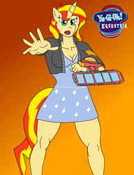 Size: 8927x11611 | Tagged: safe, artist:digigex90, imported from derpibooru, sunset shimmer, anthro, unicorn, clothes, dress, duel disk, female, jacket, mare, solo, yu-gi-oh!