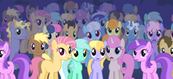 Size: 1348x617 | Tagged: safe, imported from derpibooru, screencap, amethyst star, bon bon, candy mane, carrot top, cherry cola, cherry fizzy, cloud kicker, coco crusoe, doctor whooves, golden harvest, lemon hearts, linky, lyra heartstrings, pokey pierce, ponet, rainbowshine, shoeshine, sparkler, sweetie drops, time turner, twinkleshine, earth pony, pegasus, pony, unicorn, season 1, the show stoppers, background pony audience, closed mouth, cropped, earth pony lemon hearts, earth pony lyra heartstrings, female, frown, g4, male, mare, missing horn, multeity, open mouth, species swap, stallion, standing