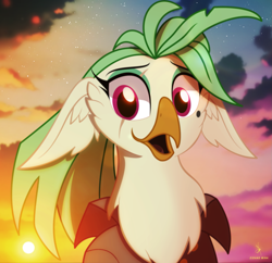 Size: 2229x2160 | Tagged: safe, artist:zidanemina, imported from derpibooru, captain celaeno, avian, my little pony: the movie, alternate hairstyle, bust, g4, orni, portrait, scar, smiling, solo, sunset