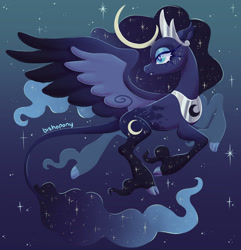 Size: 2432x2522 | Tagged: safe, artist:bishopony, imported from derpibooru, princess luna, alicorn, classical unicorn, pony, unicorn, alternate design, cloven hooves, crescent horn, curved horn, female, gradient background, high res, hoof fluff, horn, leonine tail, lidded eyes, long feather, mare, signature, solo, spread wings, stars, turned head, unshorn fetlocks, wings