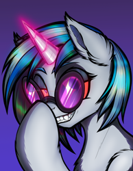 Size: 1400x1800 | Tagged: safe, artist:jehr, imported from derpibooru, dj pon-3, vinyl scratch, pony, undead, unicorn, vampire, breast fluff, colored, commission, ear fluff, fangs, fluffy, food, glasses, glowing, glowing eyes, glowing horn, grin, gum, halloween, holiday, horn, lineart, looking at you, magic, pink, race swap, red eyes, smiling, smiling at you, solo