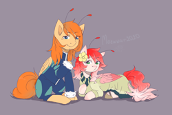 Size: 2400x1600 | Tagged: safe, artist:moewwur, artist:rin-mandarin, imported from derpibooru, oc, oc only, oc:chise, oc:svatya, pegasus, pony, pony town, antennae, clothes, couple, dress, flower, ginger hair, lying down, pegasus wings, pink hair, pink mane, red hair, simple background, sitting, sketch, socks, strawberry mane, suit, tendrils, wings