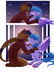 Size: 1422x2000 | Tagged: safe, artist:cottonheart05, imported from derpibooru, capper dapperpaws, oc, oc:cotton heart, abyssinian, pegasus, pony, blushing, canon x oc, chest fluff, ear fluff, floppy ears, furry, kiss on the lips, kissing, nervous, romantic, shipping, text