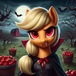 Size: 1024x1024 | Tagged: safe, imported from derpibooru, applejack, bat, earth pony, pony, undead, vampire, vampony, ai content, ai generated, apple, apple orchard, barn, bust, cape, clothes, dead tree, fangs, female, food, full moon, generator:dall-e 3, grass, looking at you, mare, moon, night, orchard, outdoors, overcast, red eyes, sky, solo, tree