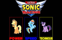 Size: 828x543 | Tagged: safe, artist:teaganm, imported from derpibooru, applejack, rainbow dash, twilight sparkle, alicorn, earth pony, pegasus, pony, female, power, solo, speed, team sonic racing, technique, twilight sparkle (alicorn)