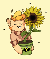 Size: 2060x2449 | Tagged: safe, artist:ju4111a, imported from derpibooru, oc, oc only, oc:baffie, bee, insect, antennae, blushing, clothes, cute, eyes closed, fanart, flower, looking at you, male, plant, pot, simple background, smiling, smiling at you, solo, sunflower, sweater, yellow background